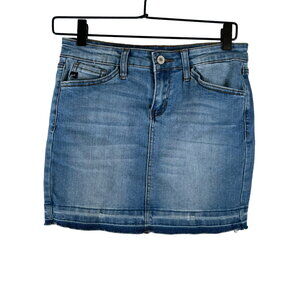 Kancan Womens Jean Skirt Blue Mini Distressed Raw Hem Stretch Denim Zip Solid 25